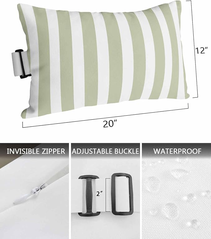Lumbar Pillow Covers Set of 4, Sage Green Striped Waterproof Outdoor Chaise Lounge Pillow Covers with Elastic Strap, Modern Farmhouse Sage Green White Stripes Headrest Pillowcase for Patio, 12 x 20