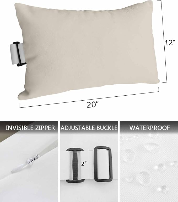 Outdoor Pillow for Lounge Chair with Strap & Insert Swan White Recliner Head Pillow Simple Style Waterproof Headrest Patio Lumbar Pillows for Beach Pool Office Chaise Chair 12x20 Inch
