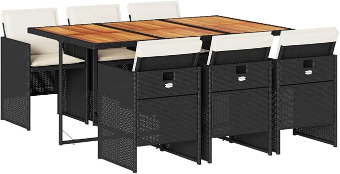7-Piece Outdoor Dining Set, PE Rattan Patio Furniture Set with Acacia Wood Table Top and 6 Cushioned Chairs, Modern Garden Table and Chairs Set for Backyard, Deck and Terrace, Black and Brown