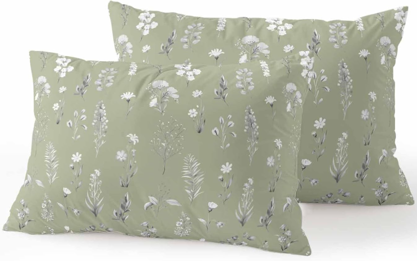 Outdoor Pillows with Inserts Set of 2 12x20, Sage Green Wildflowers Waterproof Outdoor/Indoor Throw Pillows, Farmhouse Botanical Garden Floral Decorative Pillow for Bed Couch Sofa Patio Furniture