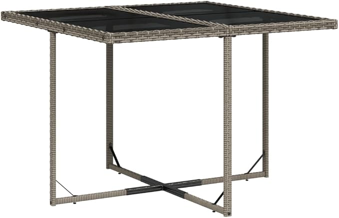 11 Piece Outdoor Patio Dining Set with Cushions Gray Poly Rattan Table and 10 Chairs for Garden Backyard Deck Relaxation UV Proof Tempered Glass