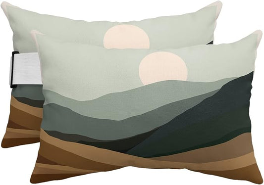 Indoor|Outdoor Waterproof Pillow Case Set of 2 - Windproof Pillow Covers with Adjustable Elastic Band Abstract Distant Mountain Sunset Landscape Pillowcase for Couch Cushion Patio Furniture 12x20 Inch