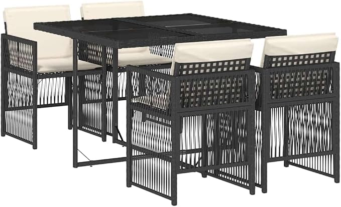5-Piece Outdoor Patio Dining Set, Poly Rattan Garden Table and 4 Folding Chairs with Cushions, Space-Saving Cube Design, Black