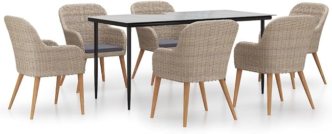 7 Piece Patio Dining Set with Cushions, Acacia Wood Outdoor Dining Table and Chairs for Garden Backyard, Tempered Glass Tabletop and Steel Frame, Brown