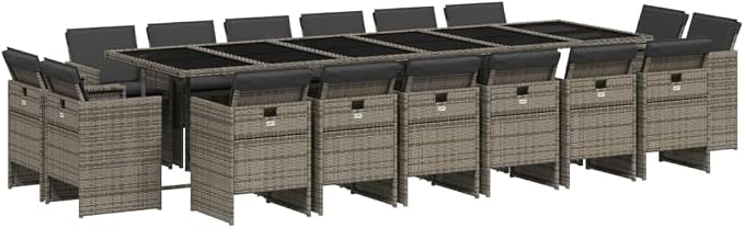 17-Piece Patio Dining Set with Cushions Gray Poly Rattan Outdoor Furniture Set for Garden Backyard Balcony with Tempered Glass Table & Foldable Chairs