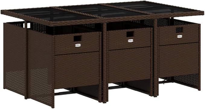 7 Piece Patio Dining Set with Cushions Brown Poly Rattan Outdoor Table and 6 Folding Chairs for Garden Backyard Dining, Tempered Glass UV-Proof, Removable Washable Cushion Covers, 242. 5 lb Capacity