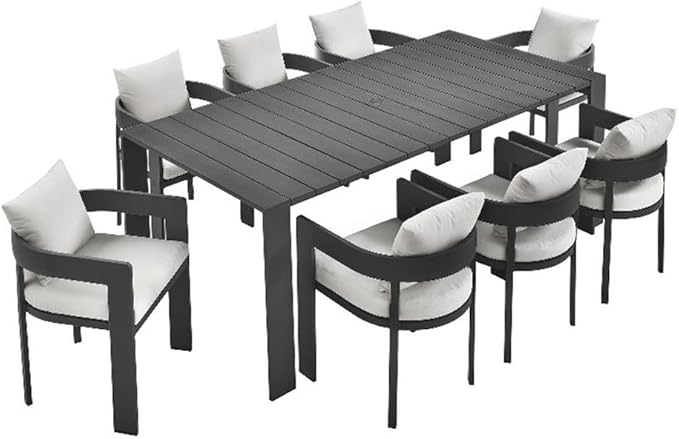 Modway Tahoe Outdoor Patio Powder-Coated Aluminum 9-Piece Dining Set in Gray White - Rectangular Patio Furniture Set for 8 - Outside Table with Umbrella Hole and Cushioned Chairs - Modern Patio Set