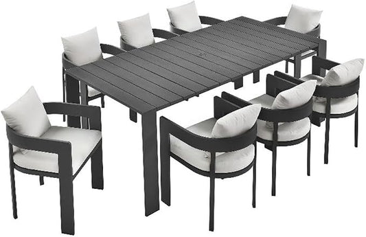 Modway Tahoe Outdoor Patio Powder-Coated Aluminum 9-Piece Dining Set in Gray White - Rectangular Patio Furniture Set for 8 - Outside Table with Umbrella Hole and Cushioned Chairs - Modern Patio Set
