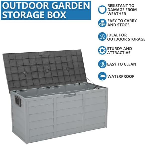 75 gal 260L Outdoor Garden Storage Deck Box, Resin Large Outdoor Storage Boxes for Patio, Outdoor Cushions, Garden Tools Chest Tools Cushions Toys Lockable Seat Grey