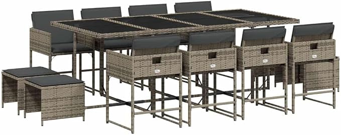 13 Piece Outdoor Dining Set with Cushions Gray Poly Rattan Patio Furniture with Folding Chairs, Tempered Glass Table, Space-Saving Storage, 8 Chairs & 4 Stools for Garden Backyard Entertaining