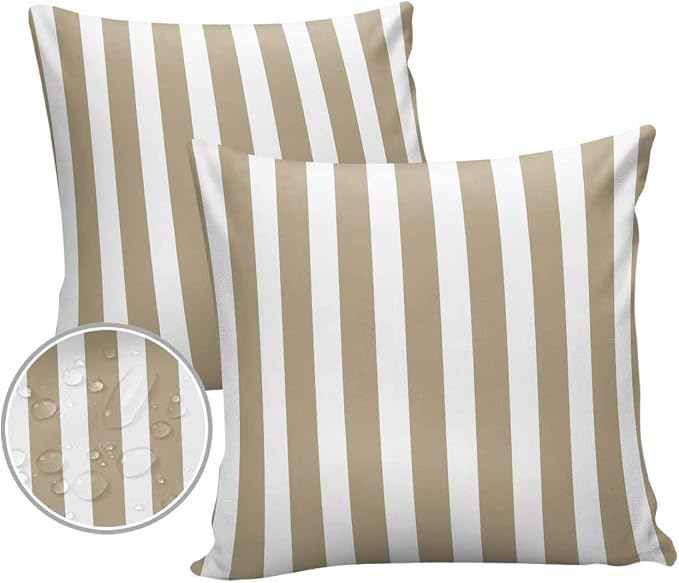 Outdoor Waterproof Throw Pillow Covers 24x24in, Geometric Line Cushions for Garden Patio Furniture Chairs Set of 2, Khaki White Home Decor Couch Sofa Polyester Pillow Cases