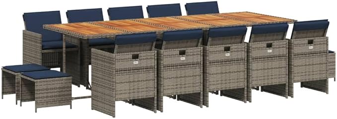 15 Piece Garden Dining Set, PE Rattan Patio Furniture with Acacia Wood Tabletop, Outdoor Cushioned Chairs and Stools for Backyard, Grey