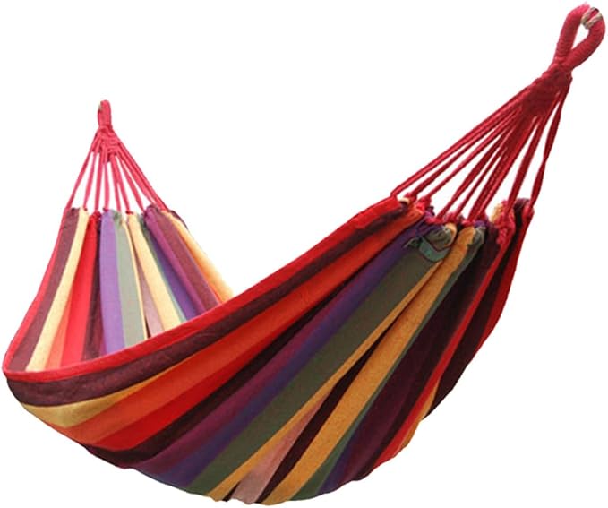 Toddmomy Outdoor Camping Striped Hammock Portable Canvas Hammock for Garden Indoor Use Lightweight Comfortable Easy to Assemble for Hiking Traveling Relaxation European Rainbow