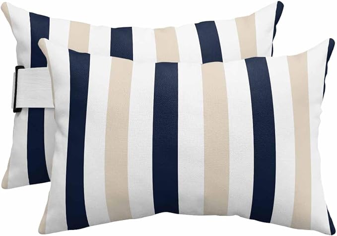 Pack of 4 Outdoor Lumbar Pillow Covers 11x16 Inch, Beige Navy Blue Striped Waterproof Throw Pillow Covers Set, Farmhouse Stripe Art Indoor&Outdoor Decorative Cushion Cases for Patio Porch Beach