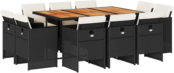 11 Piece Garden Dining Set, 10 Person Outdoor Patio Furniture with Solid Acacia Wood Tabletop and Steel Frame, Poly Rattan Dining Table and Chairs with Washable Cushions for Backyard