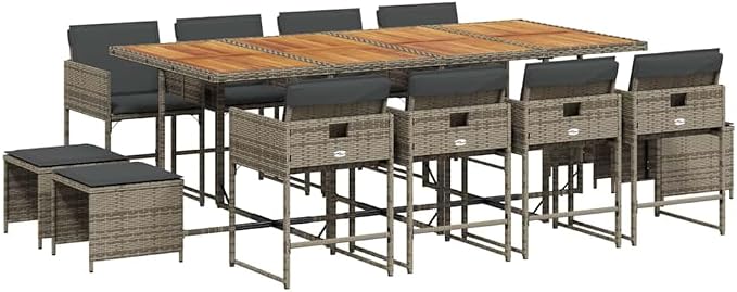 13 Piece Patio Dining Set with Cushions, 12-Seater Garden Furniture for Backyard, Gray Poly Rattan Table and Chairs with Space-Saving Foldable Design