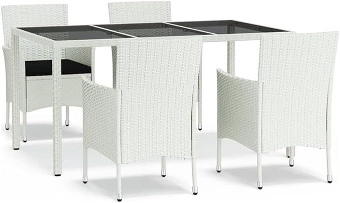 BOWERY HILL Patio Dining Set, Modern 5-Piece, White/Black Finish, Powder-Coated Steel Frame, Weatherproof PE Rattan, Tempered Glass Table for Garden, Balcony or Outdoor Patio Dining