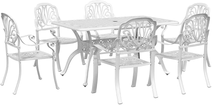 7 Piece Patio Dining Set, White Cast Aluminum Outdoor Table and 6 Chairs for Backyard, Garden and Lawn, 59-Inch Rectangular Dining Table with Umbrella Hole