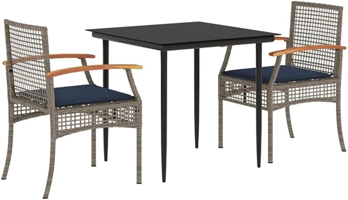 3 Piece Patio Dining Set with Cushions Gray Poly Rattan Outdoor Furniture Table and 2 Chairs for Garden Backyard, Navy Blue Cushions with Removable Covers, Tempered Glass UV-Proof Steel Frame