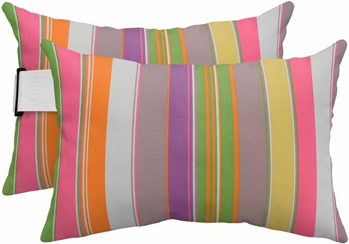 Outdoor Lumbar Pillows with Strap & Insert Colorful Stripes Lines Recliner Head Pillow Pack of 2 Classic Vertical Striped Waterproof Headrest Patio Lounge Chair Pillows for Beach Office 12x20 Inch