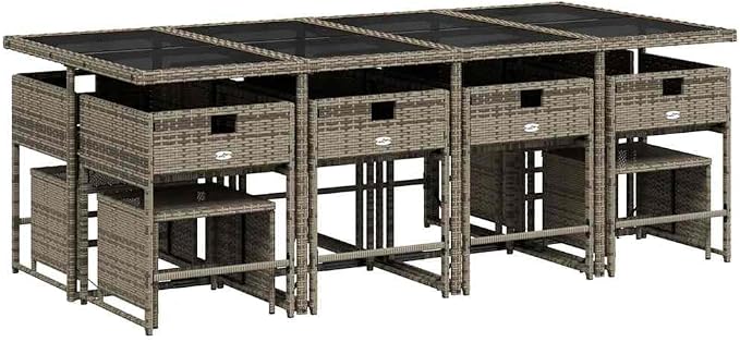13-Piece Garden Dining Set for 12 People, Outdoor Poly Rattan Patio Furniture with Tempered Glass Tabletop and Cushioned Chairs, Grey