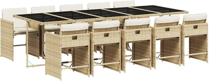 11 Piece Outdoor Patio Dining Set, Poly Rattan Garden Table and 10 Chairs with Cushions, Space Saving Cube Design, Beige