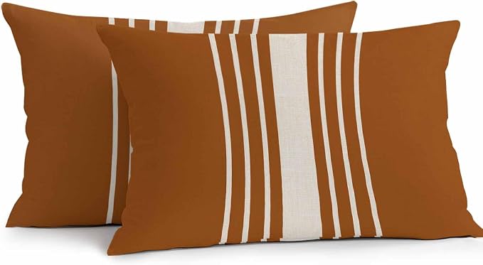 Vandarllin Outdoor Throw Pillows Covers 20x12 inch Set of 2 Waterproof Burnt Orange Vertical Stripes Decorative Zippered Cushion Covers for Patio Furniture, Classic Striped Linen Lumbar Pillowcases