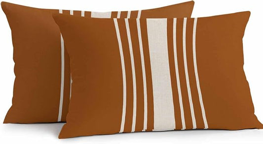 Vandarllin Outdoor Throw Pillows Covers 20x12 inch Set of 2 Waterproof Burnt Orange Vertical Stripes Decorative Zippered Cushion Covers for Patio Furniture, Classic Striped Linen Lumbar Pillowcases