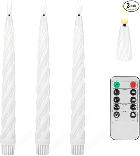 Flameless Taper Candles with 3D Wick, 9.6" Real Wax LED Candles with Remote and Timer, 3 Pack Flickering Candlesticks Battery Operated, Spiral Taper Candle for Home, Wedding, Party, White