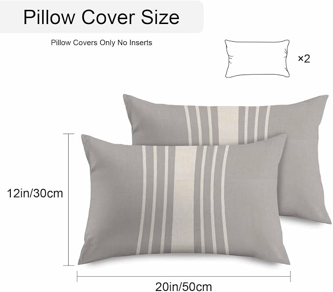 Vandarllin Outdoor Throw Pillows Covers 20x12 inch Set of 2 Waterproof Grey Vertical Stripes Decorative Zippered Cushion Covers for Patio Furniture, Classic Striped Linen Lumbar Pillowcases