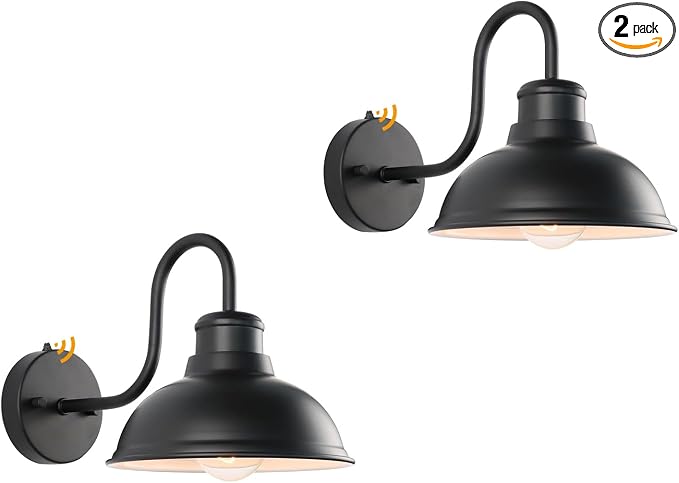 Dusk to Dawn Barn Light Outdoor Sconce 8" Exterior Lighting Fixtures 2 Pack | Anti-Rust Waterproof Farmhouse Industrial Vintage Matte Black Wall-Mount for Porch/Garage/Patio Yard ETL Listed