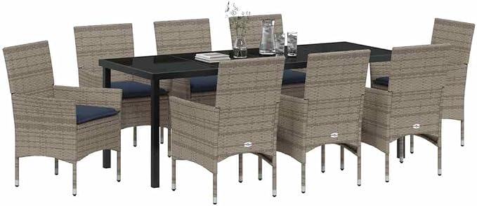 9-Piece Outdoor Dining Set with Cushions, Grey PE Rattan Patio Table and 8 Chairs for Garden, Backyard, and Deck