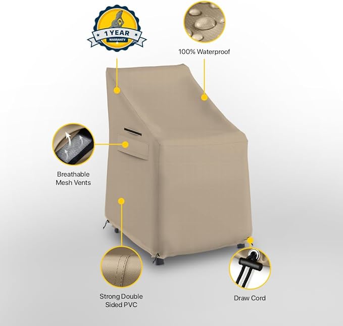 Seal Skin Covers Waterproof High-Back Chair Cover, Heavy Duty Outdoor Furniture Cover with Drawstring, Buckles, Air Vent, Durable Fabric (Beige, 27" L x 27W x 49" H)