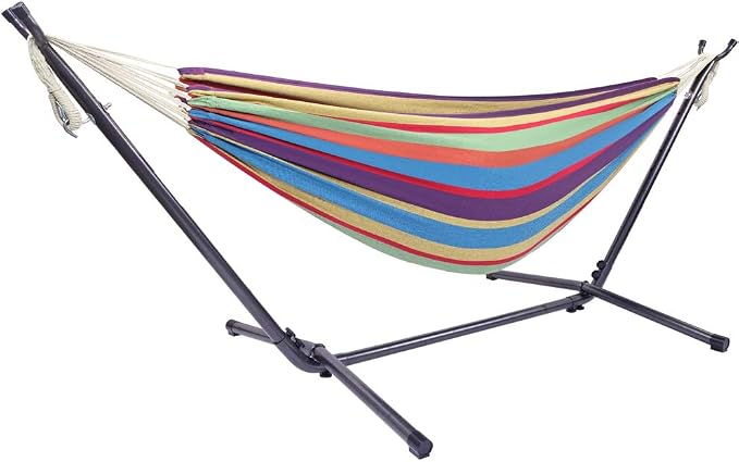 Portable Outdoor Hammock with Stand, Heavy Duty Steel Frame and Carrying Bag, Multi-Color Striped Polyester Fabric Hammock for Patio, Garden, Backyard & Camping, 250lbs Capacity