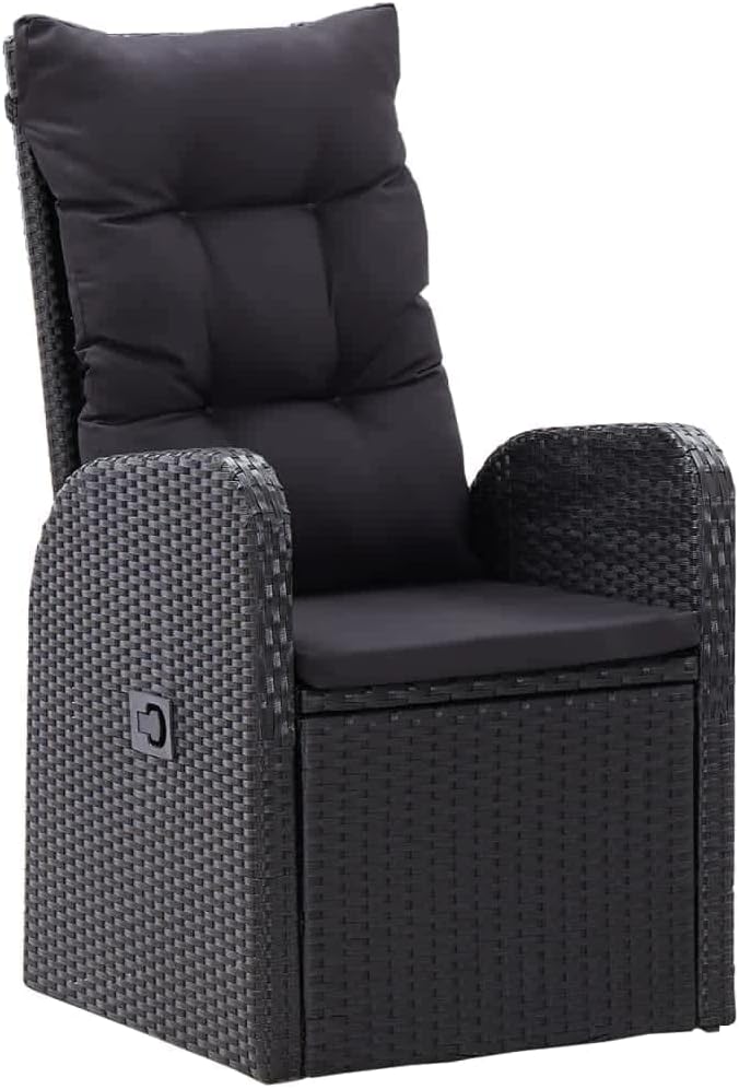 7-Piece PE Rattan Patio Dining Set with Reclining Chairs, Black | Includes 6 cushioned chairs and 1 dining table, designed for outdoor use in backyards, decks, and poolsides.