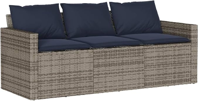Garden Dining Set Grey Poly Rattan 3-Seater Sofa Outdoor Patio Furniture Set with Washable Cushions and Steel Frame Rectangular Table Couch for Backyard Deck Balcony