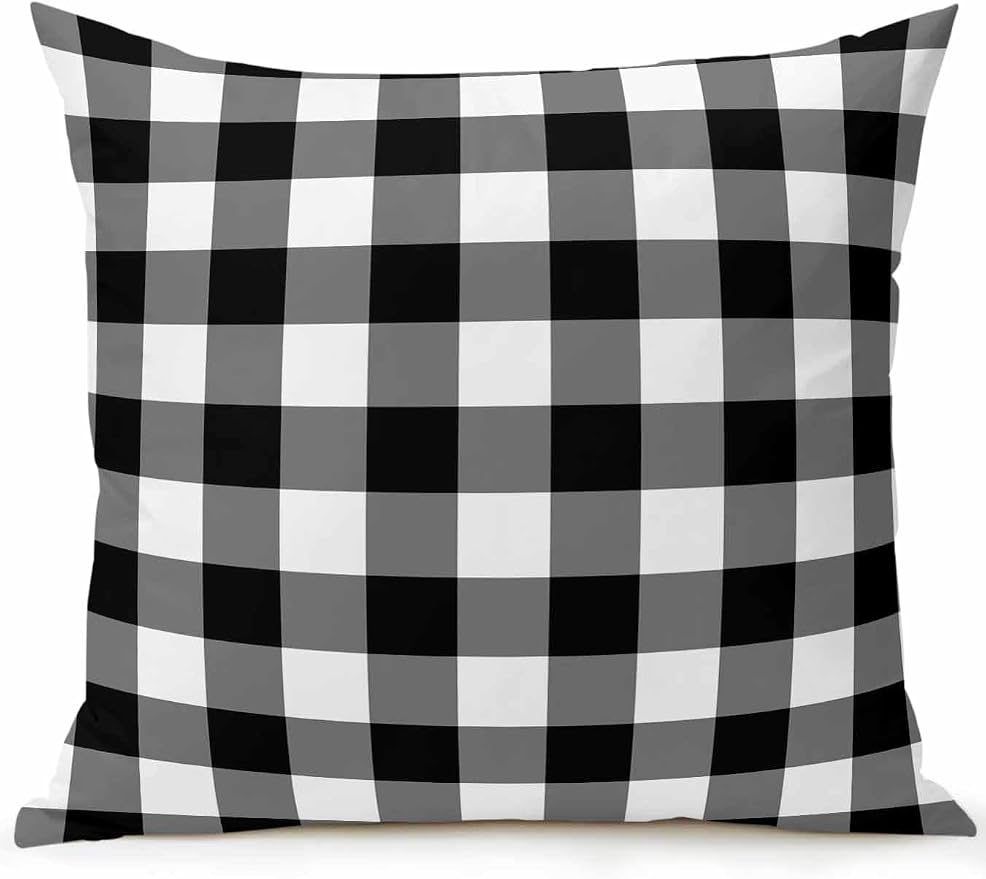 Waterproof Outdoor Pillow 1 Pack Black Buffalo Plaid Decorative Throw Pillows Cover & Insert 16x16 Inch Pillowcase Check Lines Square Pillows for Couch Sofa Bed Patio Furniture Indoor Outdoor