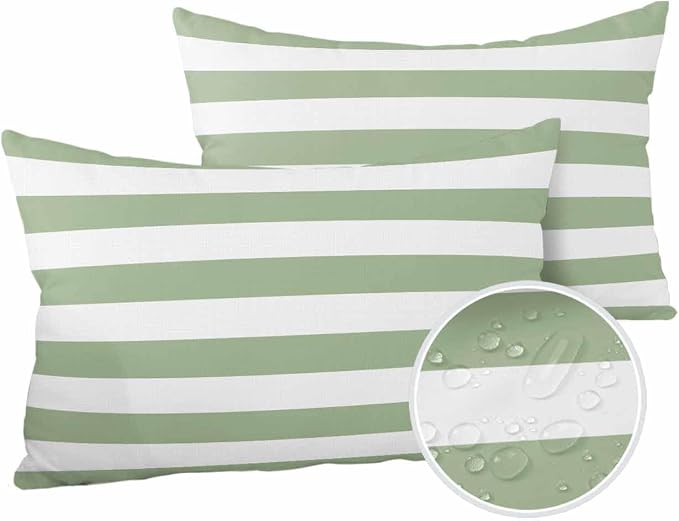 Outdoor Waterproof Throw Pillows Sage Green White Stripes Horizontal Lines Patio Pillows Pack of 2,Decorative Pillow Covers with Insert,Pillow Cushion Case for Garden Couch Sofa Modern Minimalism