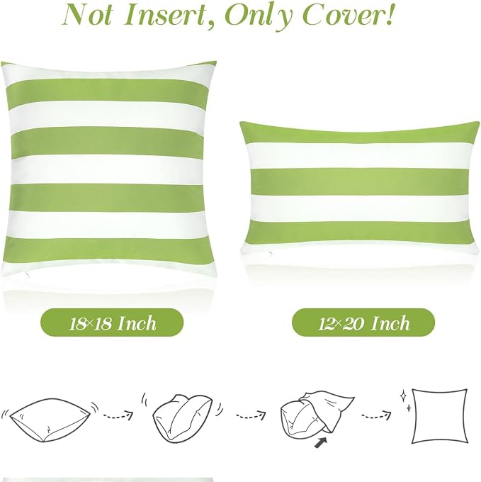 Lewondr Outdoor Throw Pillow Covers, Square Stripe Waterproof Throw Pillow Cases for Outdoor Patio Porch Farmhouse Garden Balcony Couch, 18"x18"(45x45cm)/12"x20"(30x50cm), Green + White