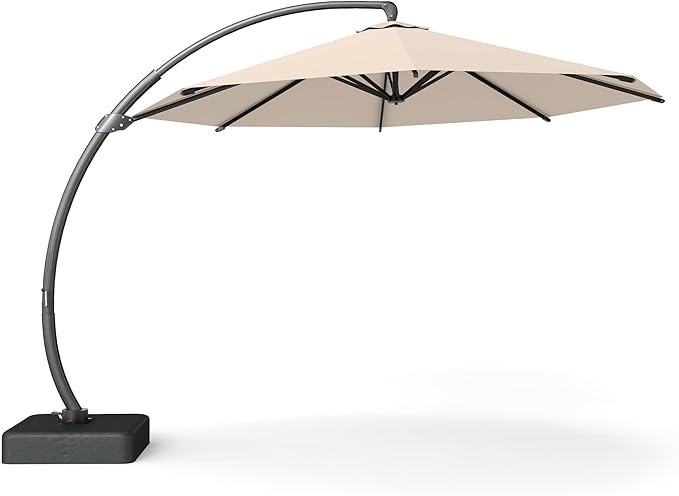 12 FT Cantilever Umbrella with Base Included, Large Round 360° Rotation Offset Umbrella Outdoor Patio, Heavy Duty Aluminum Frame, Sand-Weighted Stand, for Deck, Backyard, Pool, Garden (Beige)