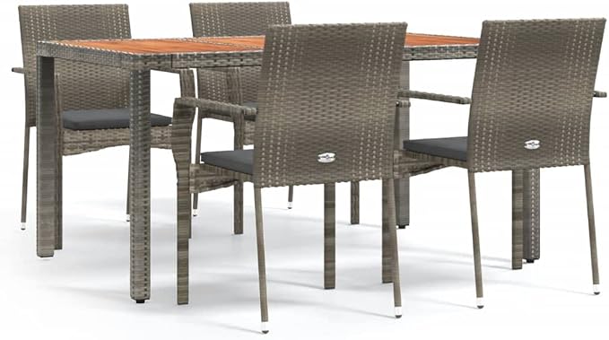 5 Piece Patio Dining Set with Cushions Gray Poly Rattan Outdoor Dining Table and 4 Chairs for Garden Backyard Deck Weather Resistant PE Wicker Steel Frame Acacia Wood Tabletop Comfortable Seating