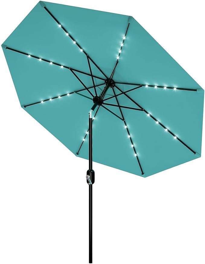 9FT Outdoor Patio Umbrella, 8 Ribs Market Table Umbrella with Solar Light & Tilt & Crank, UV-Resistant Waterproof for Pool, Deck, Backyard, Turquoise Blue