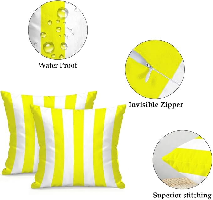 22x22 Inch Outdoor Pillow Covers Set of 2 Waterproof Throw Pillow Covers Decorative Couch Cushion Covers Yellow White Striped Square Pillowcases Protectors for Patio Garden Sofa