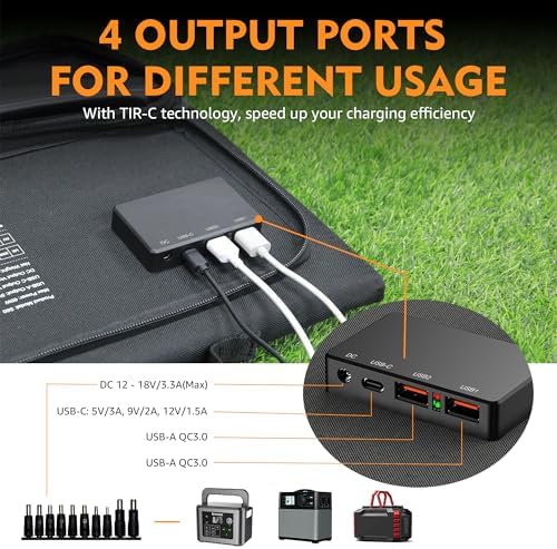 350W Solar Generator, Powkey 60W Solar Panel and 10W USB LED Light Kit, 70,000mAh Power Bank with AC Outlets, 9 Outports Power Station for Outdoors Camping Travel Hunting Emergency