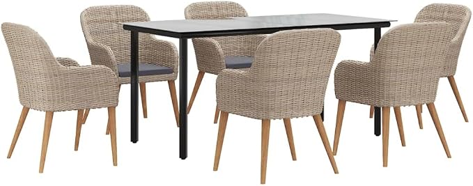 7 Piece Patio Dining Set with Cushions, Solid Acacia Wood and Tempered Glass Table, Powder-Coated Steel Frame for Outdoor Garden