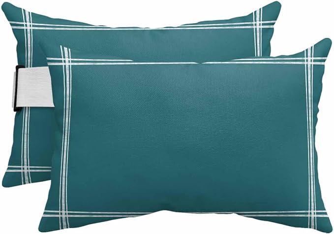 Chaise Lounge Chair Pillow with Strap & Insert Solid Color Outdoor Recliner Head Pillow Pack of 2 Turquoise Waterproof Headrest Patio Lumbar Pillow for Beach Pool Office Chair 12x20 Inch