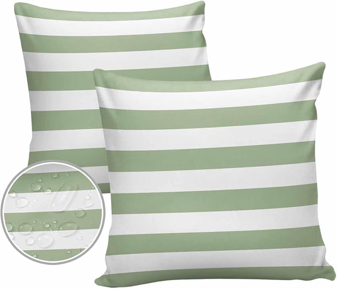 Outdoor Pillows 18x18 Waterproof Outdoor Pillow Covers Spring Stripes Green Polyester Throw Pillow Covers Garden Cushion Decorative Case for Patio Couch Decoration Set of 2 Sage Green
