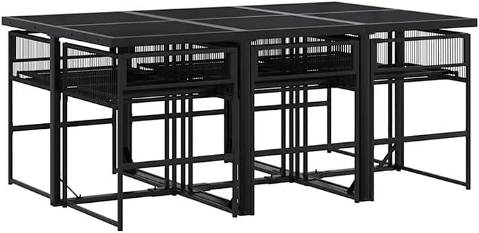 Afuera Living 7-Piece Patio Dining Set, Poly Rattan and Powder-Coated Steel, Black and Cream Finish, UV-Resistant Cushions, Tempered Glass Tabletop, Outdoor Use, Garden, Patio, Terrace Seating for 6