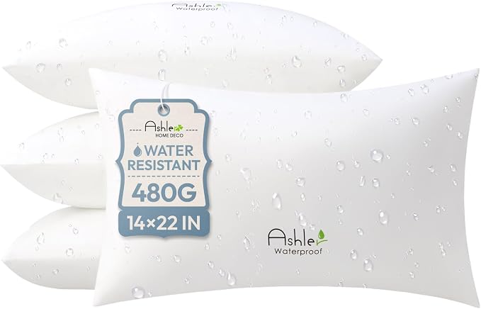 Outdoor Pillows 14 X 22 Pillow Inserts Pack of 4, Water-Resistant Decorative Premium Lumbar Pillow Stuffer Sham Waterproof Pillow for Sofa Couch, Porch Patio Living Room Bedroom Furniture