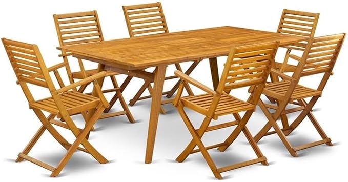 Pemberly Row Traditional 7-Piece Wood Patio Dining Set, Natural Oil Finish, Includes Rectangular Table and 6 Folding Chairs, Rubber Wood Construction, Ladder Back Design, Ideal for Outdoor Seating or